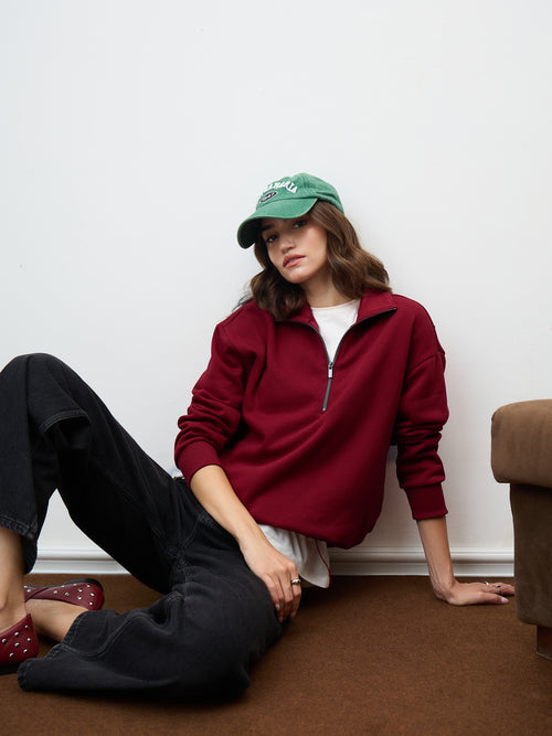 Red Half Zipper Fleece Crop Sweatshirt