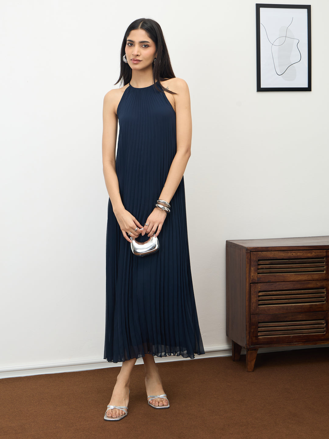 Navy Halter Neck Pleated Maxi Dress