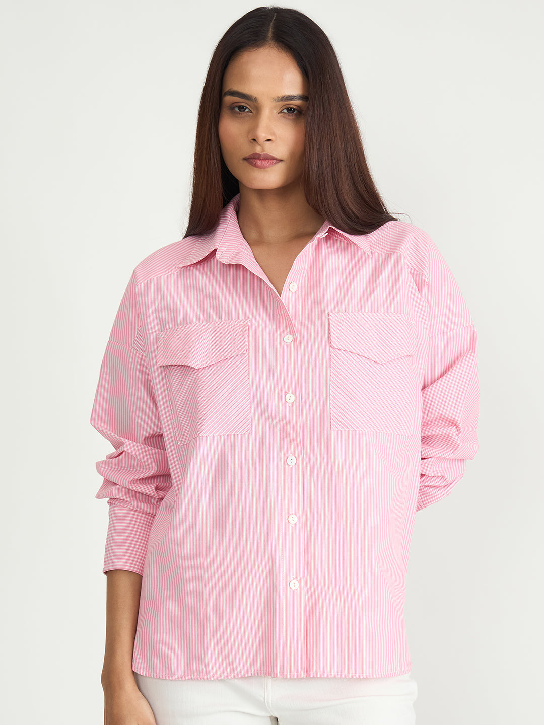 Pink Stripe Dual Pocket Oversized Shirt