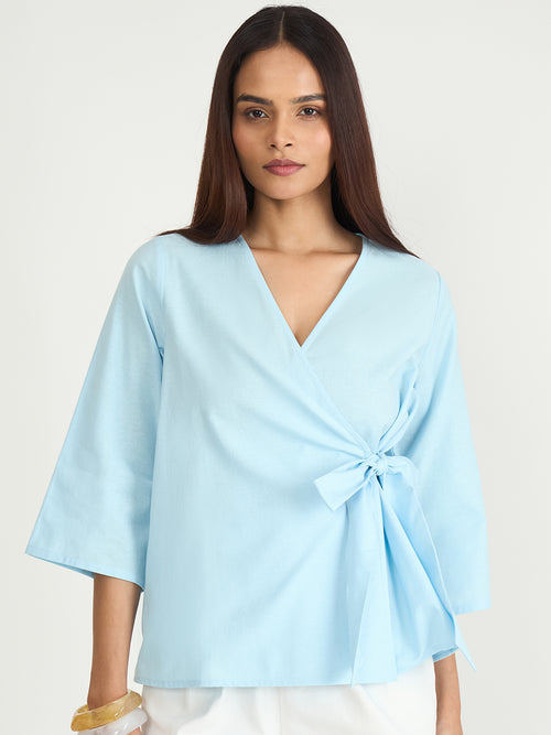 Light Blue Cotton Linen Wrap Top