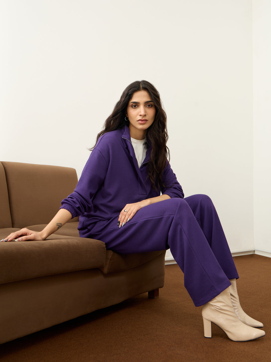 Deep Purple Waffle Half Zip Up Co-Ord Set
