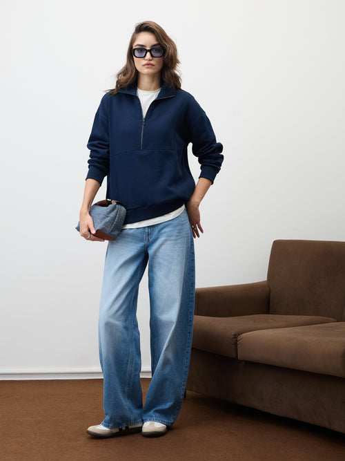 Navy Half Zipper Fleece Sweatshirt