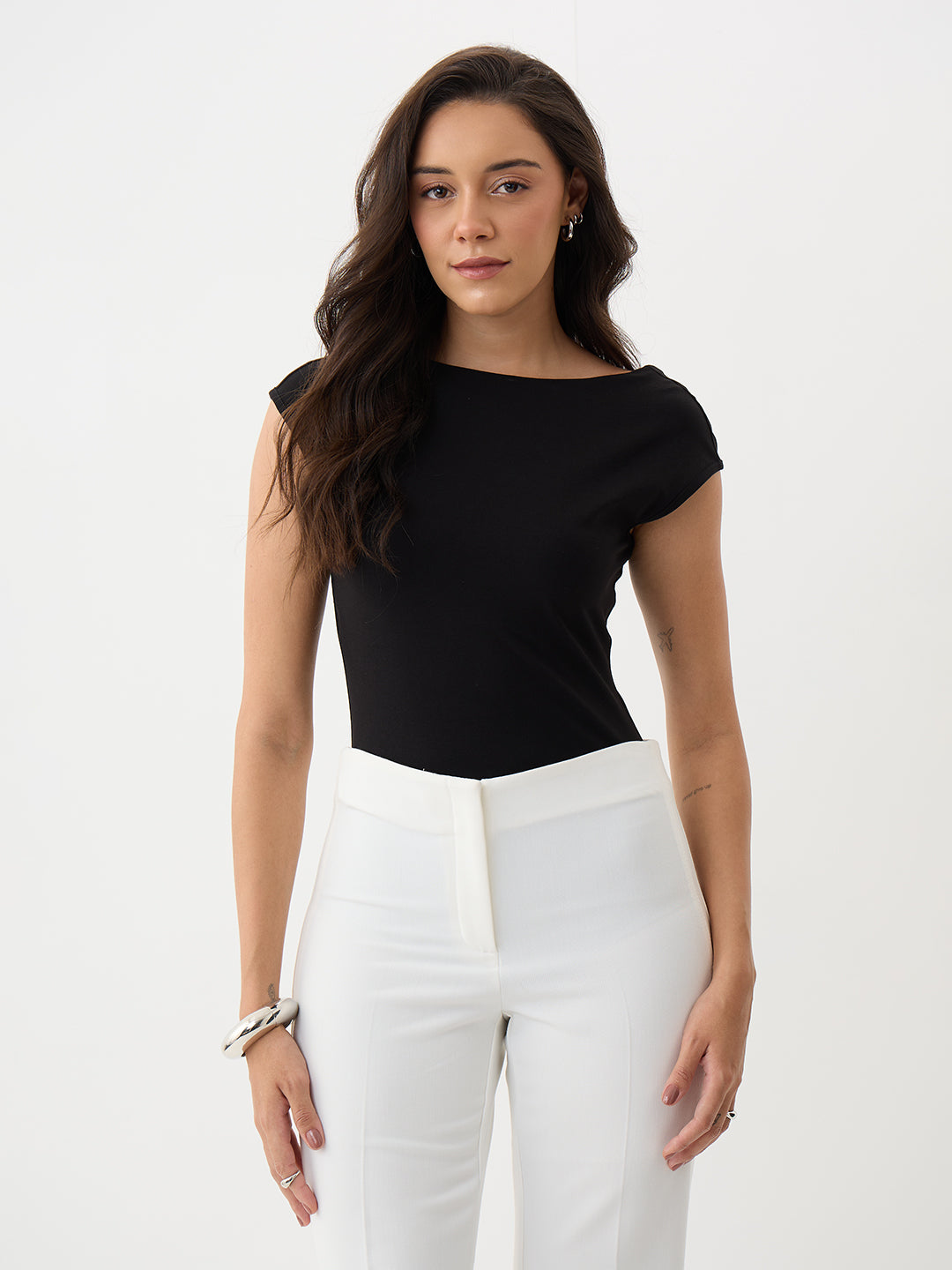 Black Knit Boat Neck Bodysuit