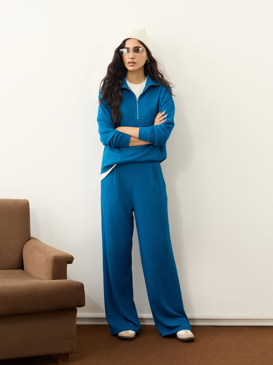 French Blue Waffle Zip Yoke Detail Co-Ord Set