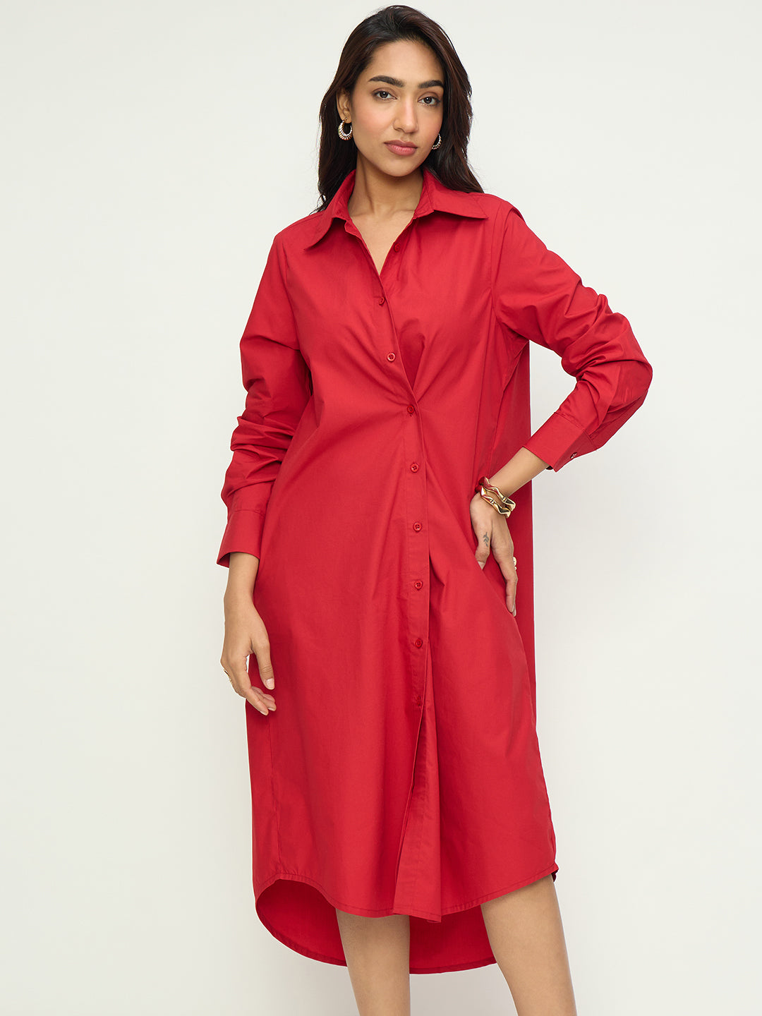 CrispCotton Red Asymmetrical Shirt Midi Dress