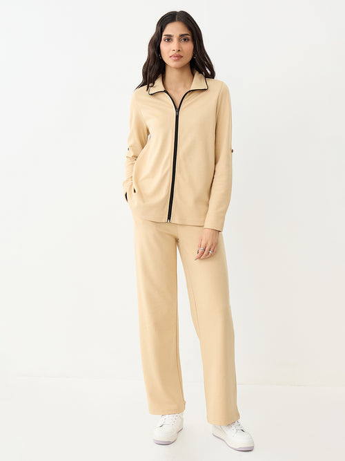 Beige With Contrast Zipper Knit Co-Ord
