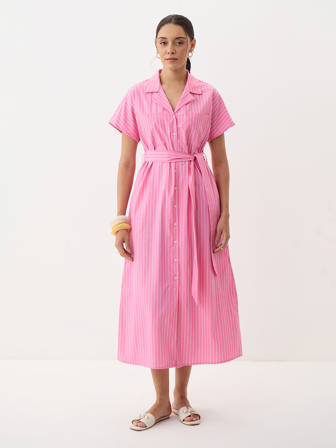 Pink Stripe Button Down Calf Length Dress