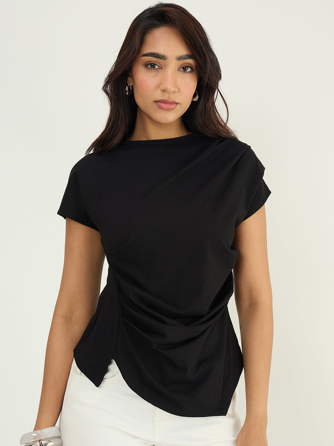 Black Cotton Waist Ruched T Shirt