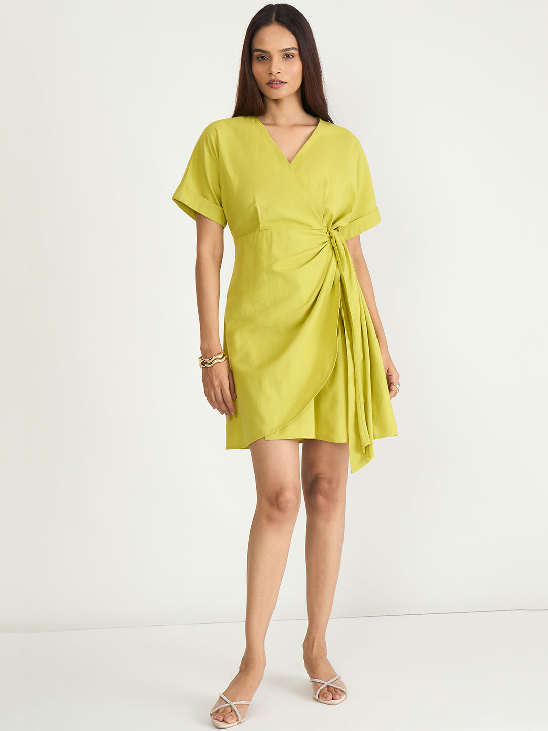 Citrine Green Cotton Linen Wrap Mini Dress