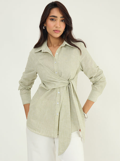 Olive Stripe Cotton Linen Tie-Up Detail Shirt