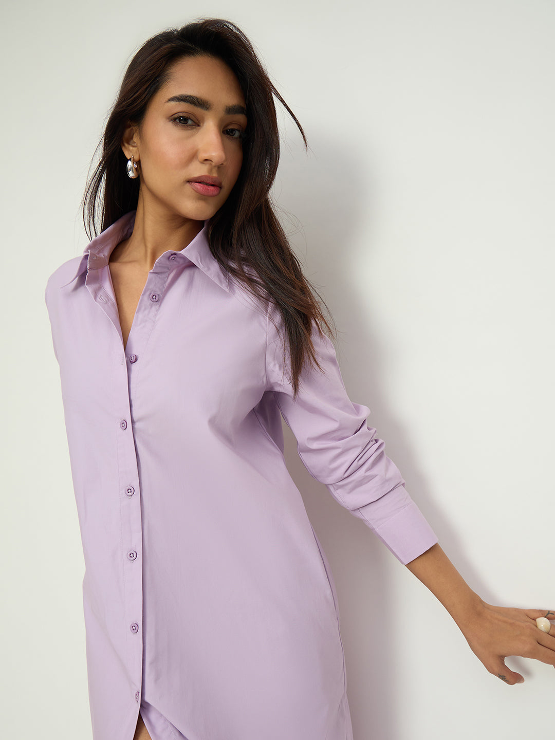 CrispCotton Lilac Asymmetrical Shirt Midi Dress