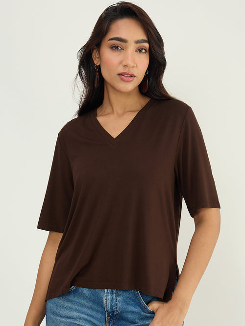 Coffee Brown Relaxed Fit V-Neck T- Shirt