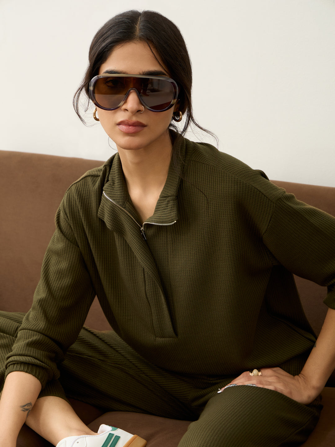 Olive Waffle Half Zip Up Co-Ord Set