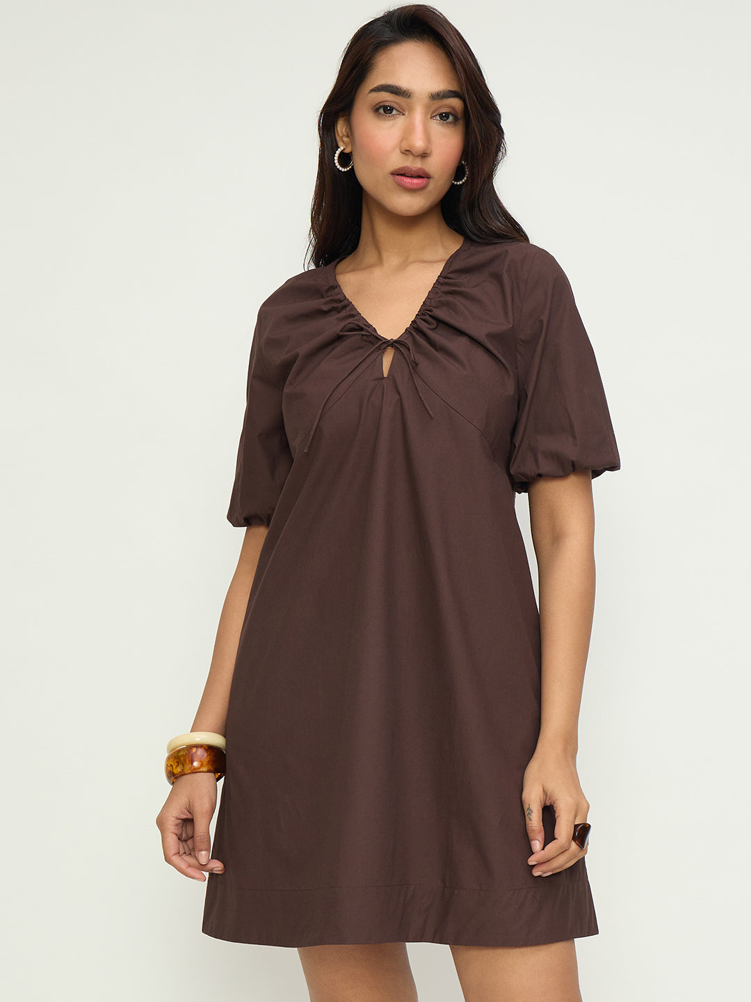CrispCotton Mocha Front Tie-Up Mini Dress