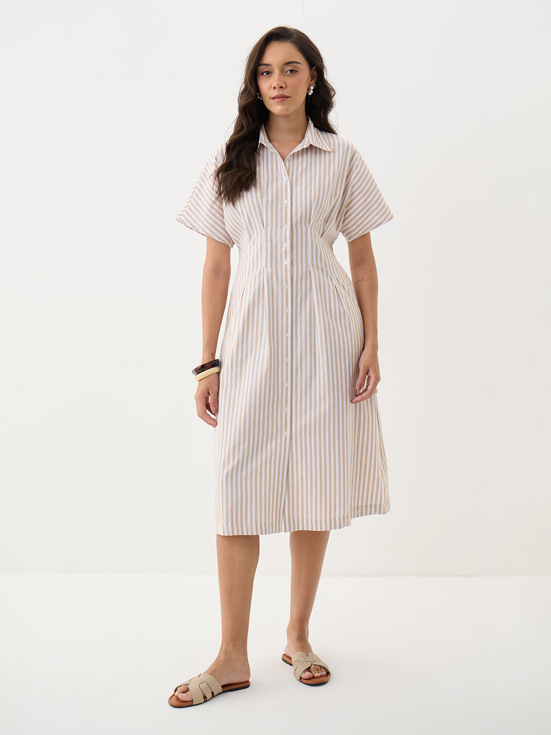 Beige Stripe Pleated Midi Dress