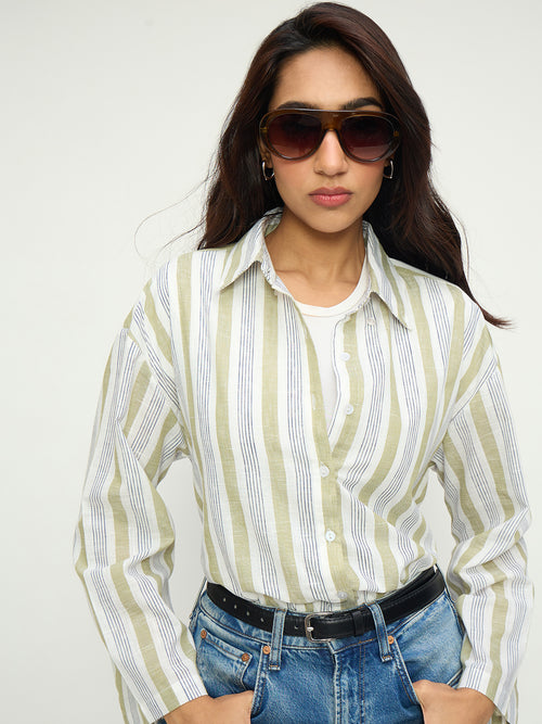 Olive Stripe Cotton Linen Oversized Longline Shirt