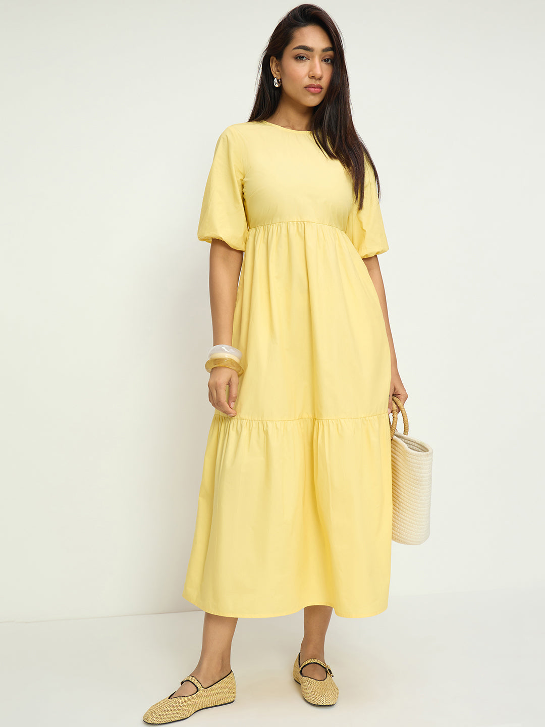 Butter Yellow Poplin Tiered Maxi Dress