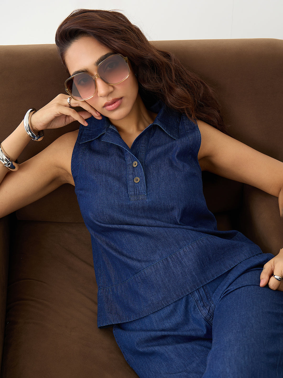 DenimLite Navy Half Placket Top