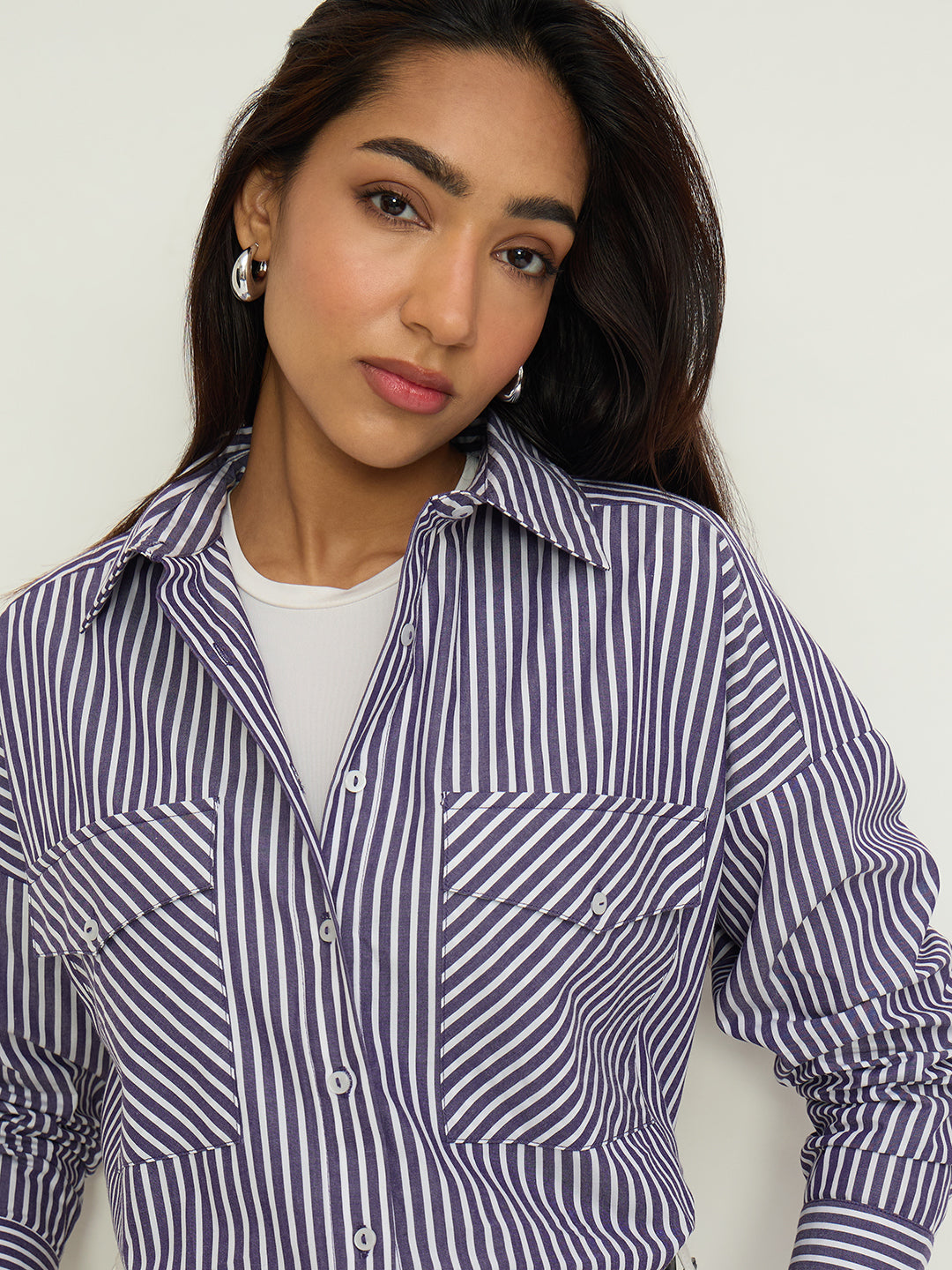 Purple Stripe Dual Pocket Oversized Shirt