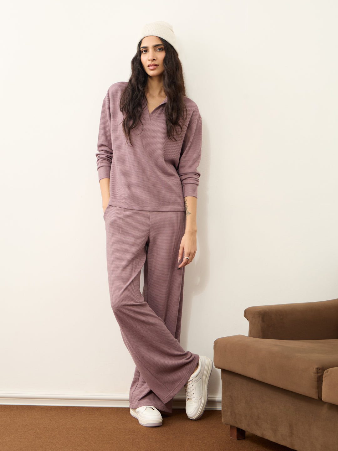 Mauve Waffle Collared Co-Ord Set