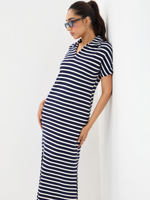 Navy Cotton Stripe Maxi Dress