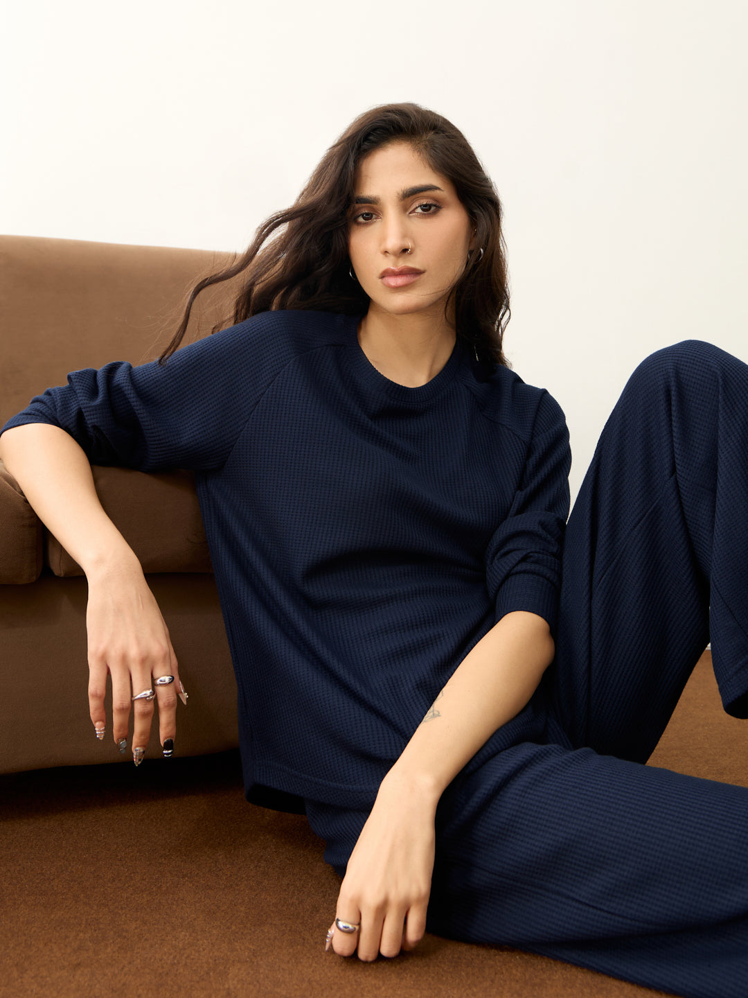 Navy Waffle Crew Neck Co-Ord Set