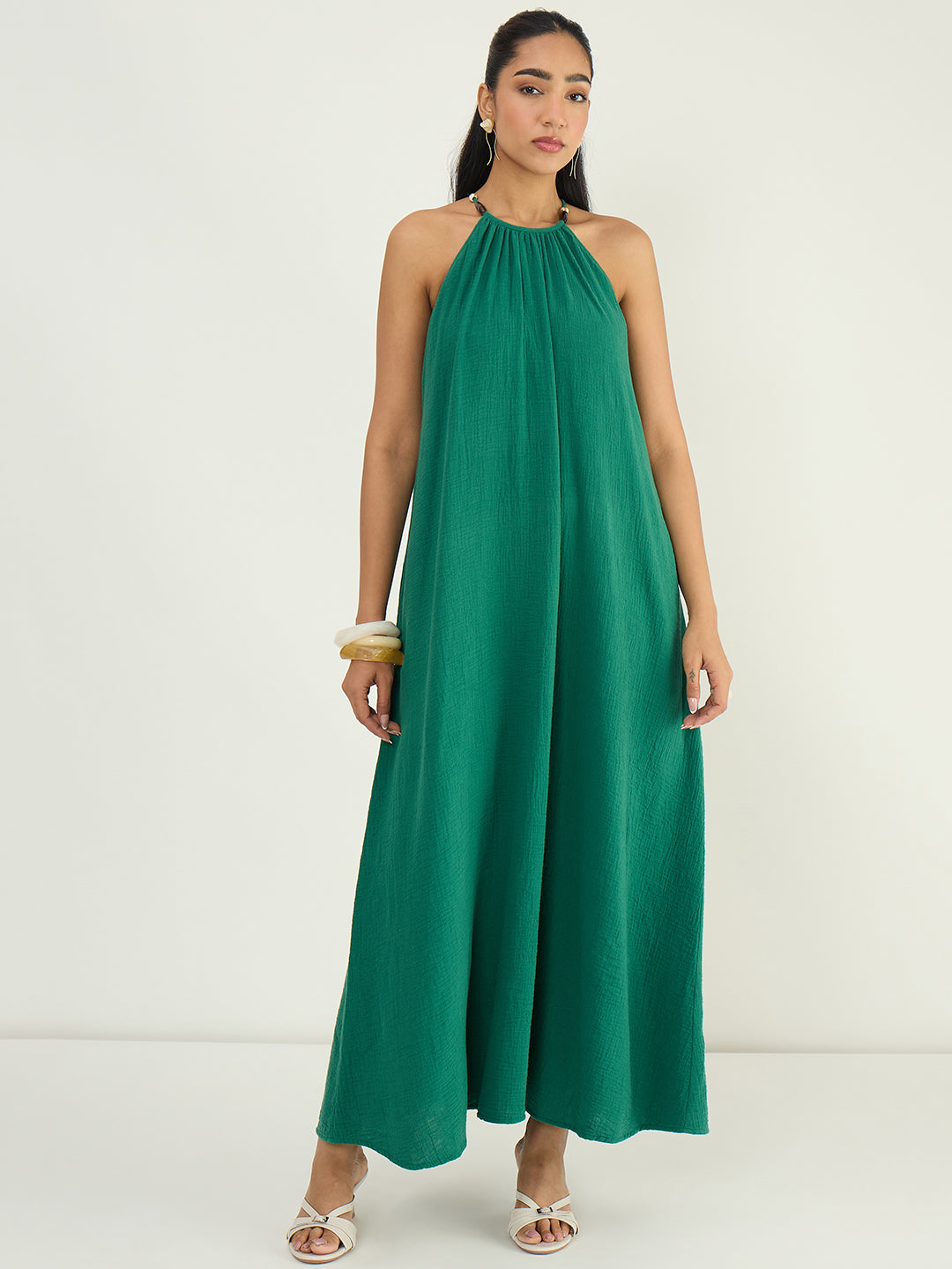CloudComfort Gauze Green Halter Maxi Dress