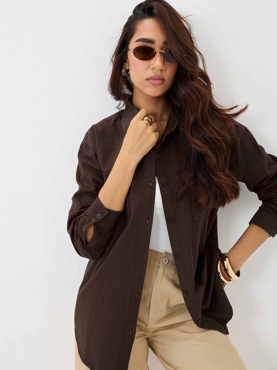 Coffee Brown Twill Oversize Shacket