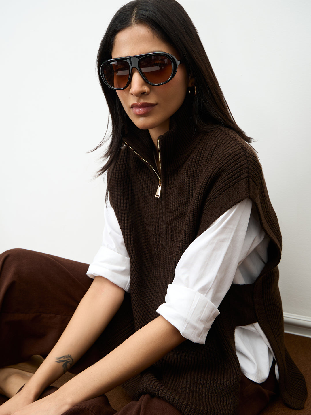 Coffee Brown Zipper Sweater Vest