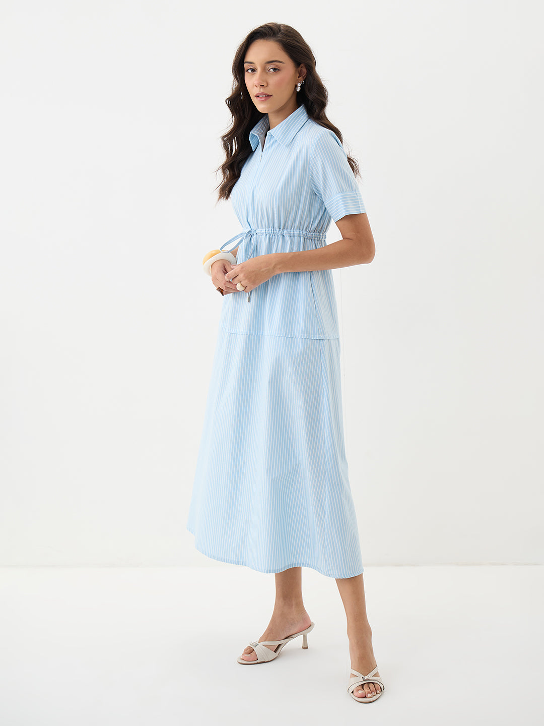 Blue Stripe Half Zip-Up Maxi Dress