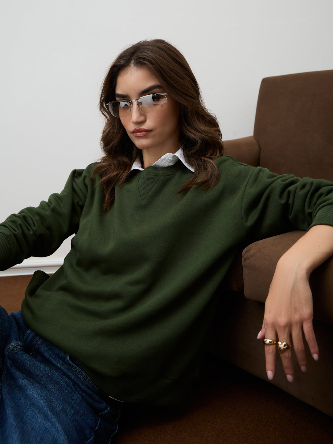Olive Crew Neck Fleece Sweatshirt