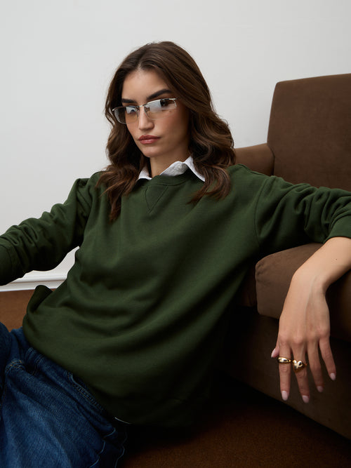 Olive Crew Neck Fleece Sweatshirt