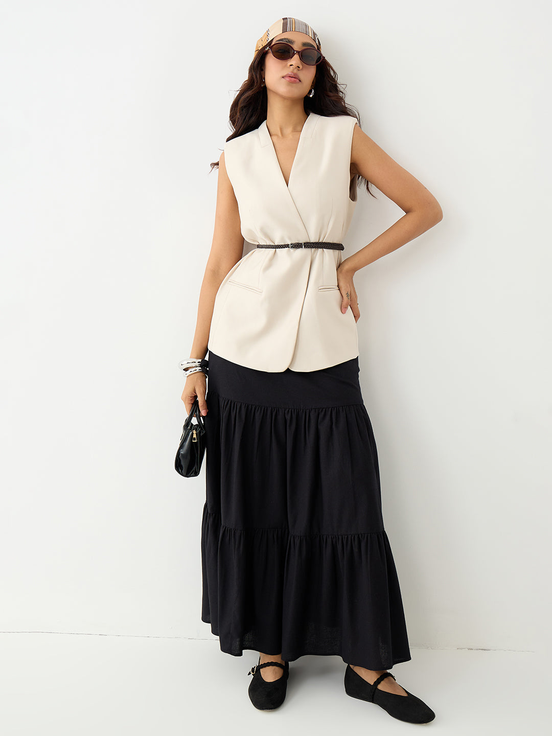 LinenLite Black Tiered Maxi Skirt