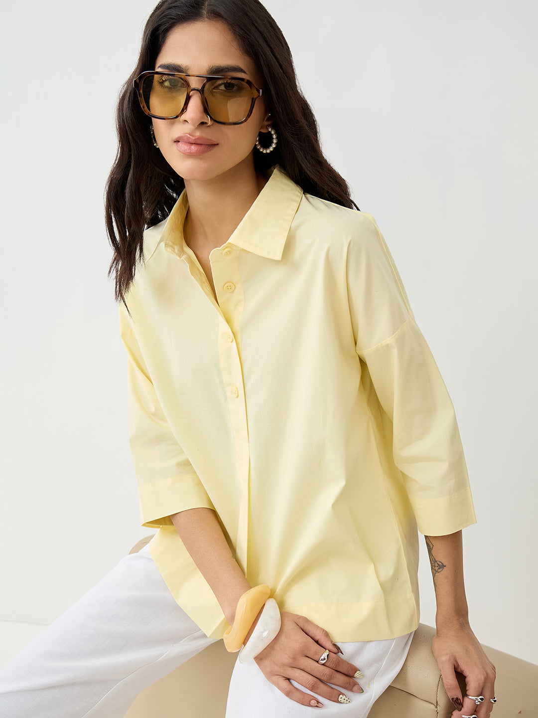CrispCotton Butter Yellow Pleat Detail Shirt
