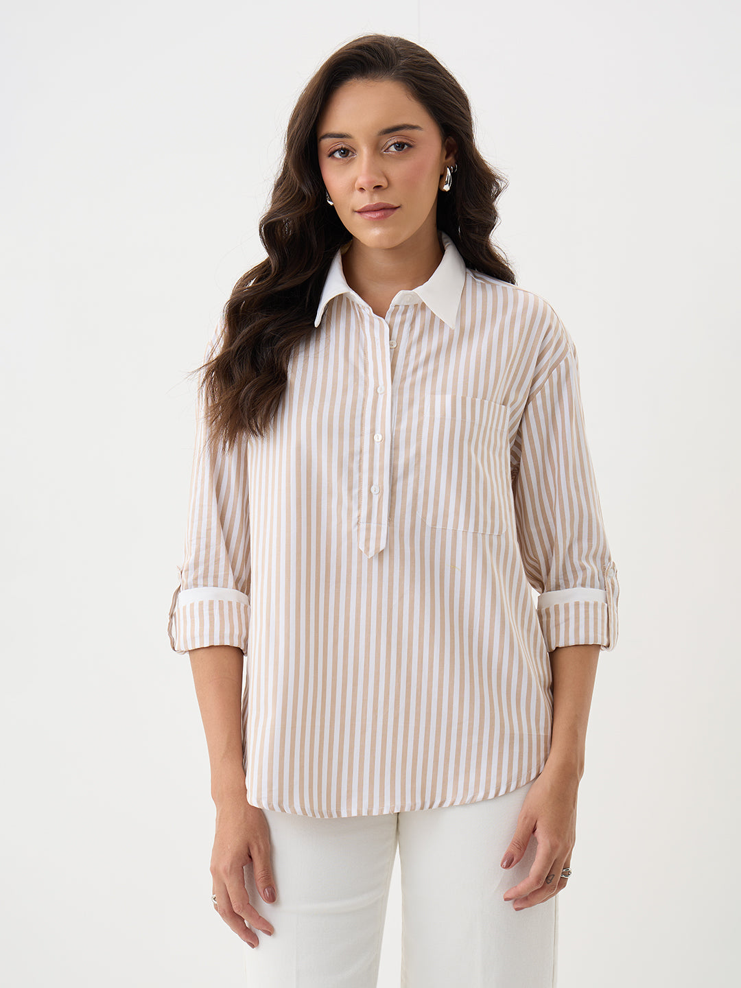 Beige Stripe Colorblock Tunic
