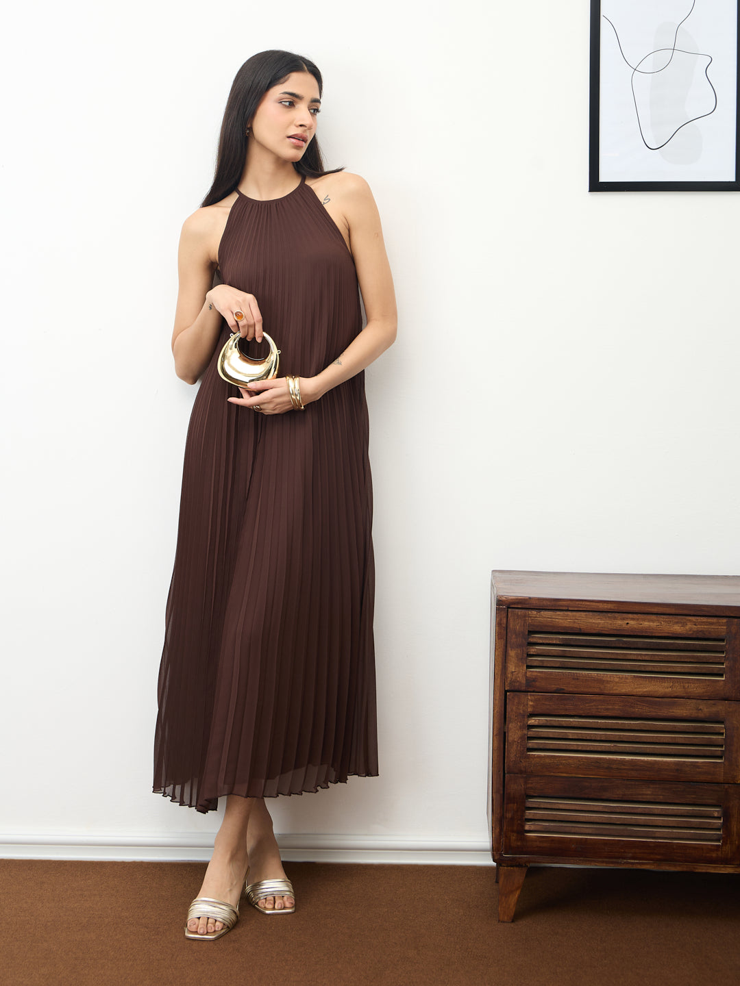 Coffee Brown Halter Neck Pleated Maxi Dress