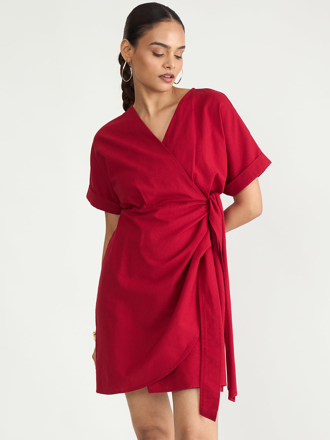 Red Cotton Linen Wrap Mini Dress