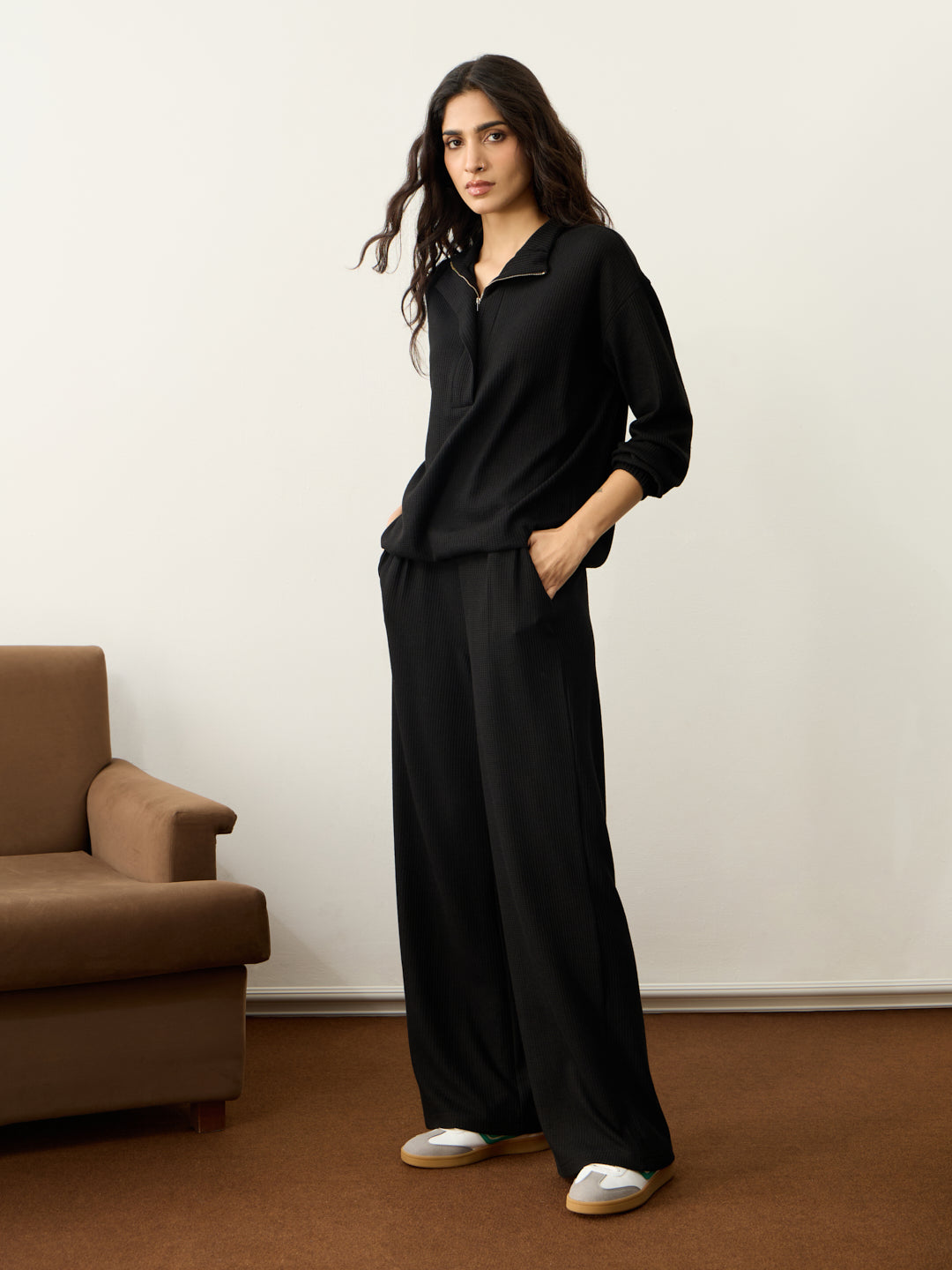 Black Waffle Half Zip Up Co-Ord Set