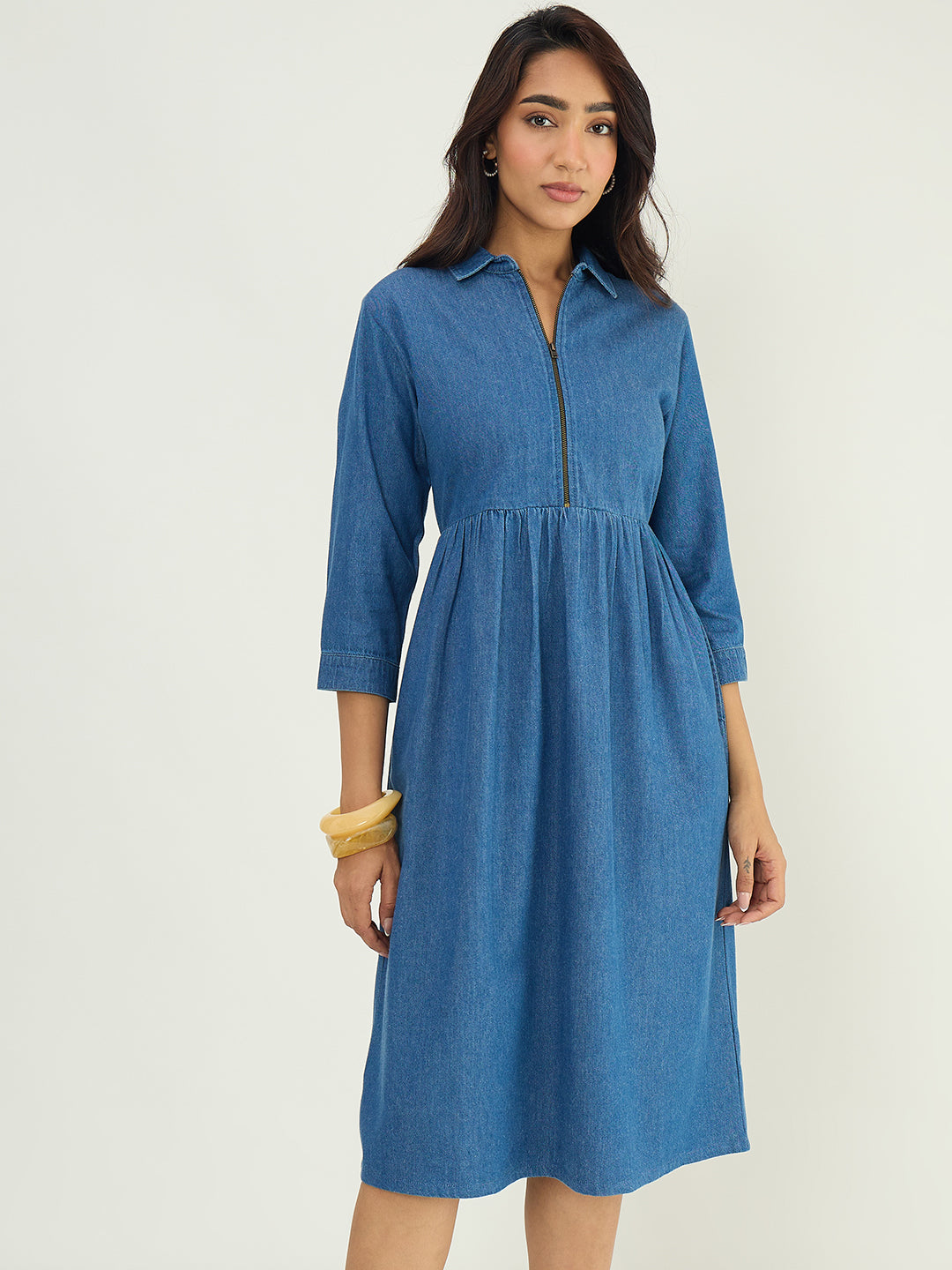 Mid Blue Front Zip Up Denim Midi Dress