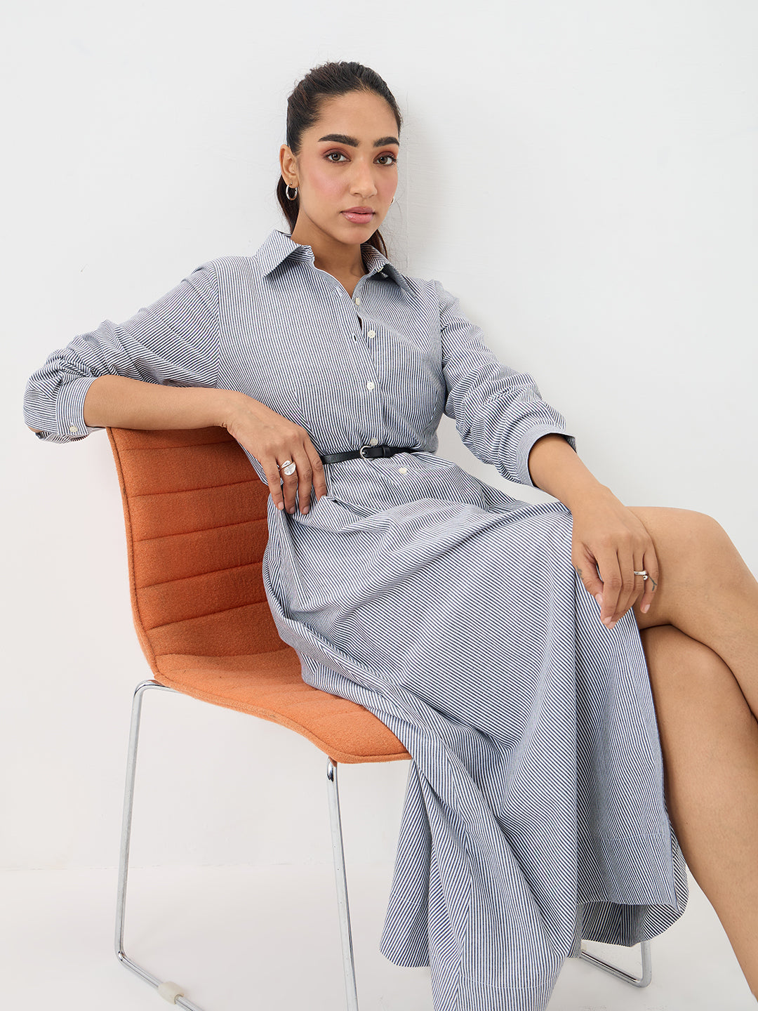 Black Stripe Pleated Ankle Length Dress