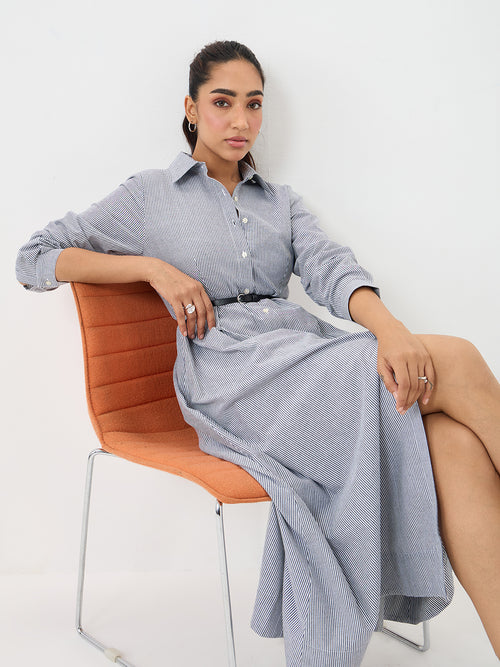 Black Stripe Pleated Ankle Length Dress