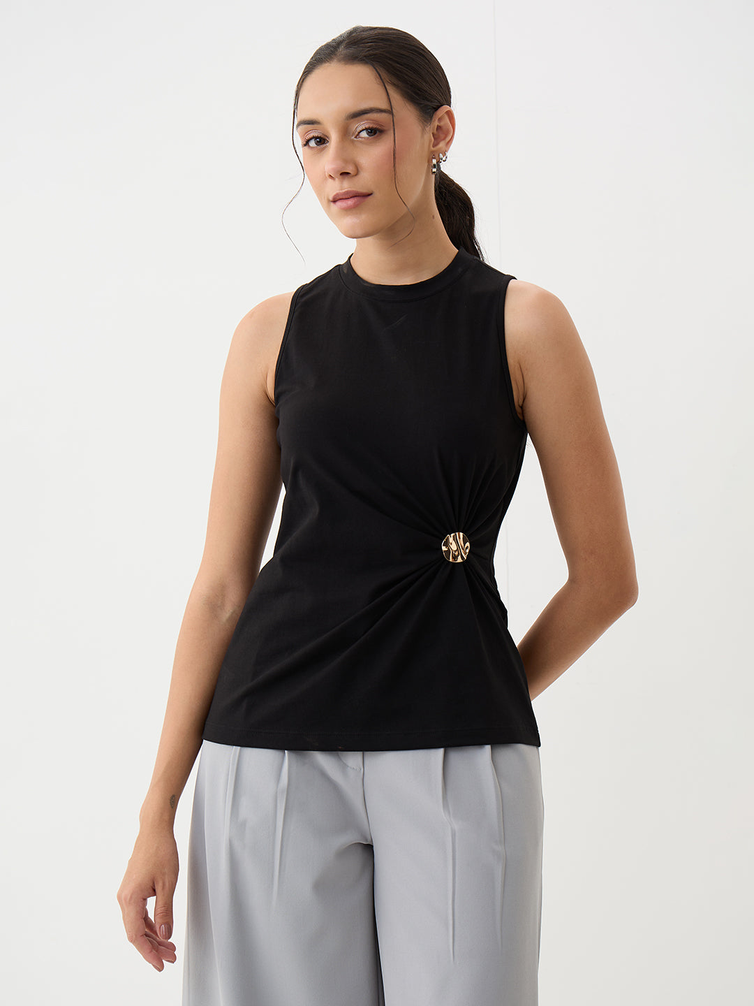 Black Knit Button Detail Top