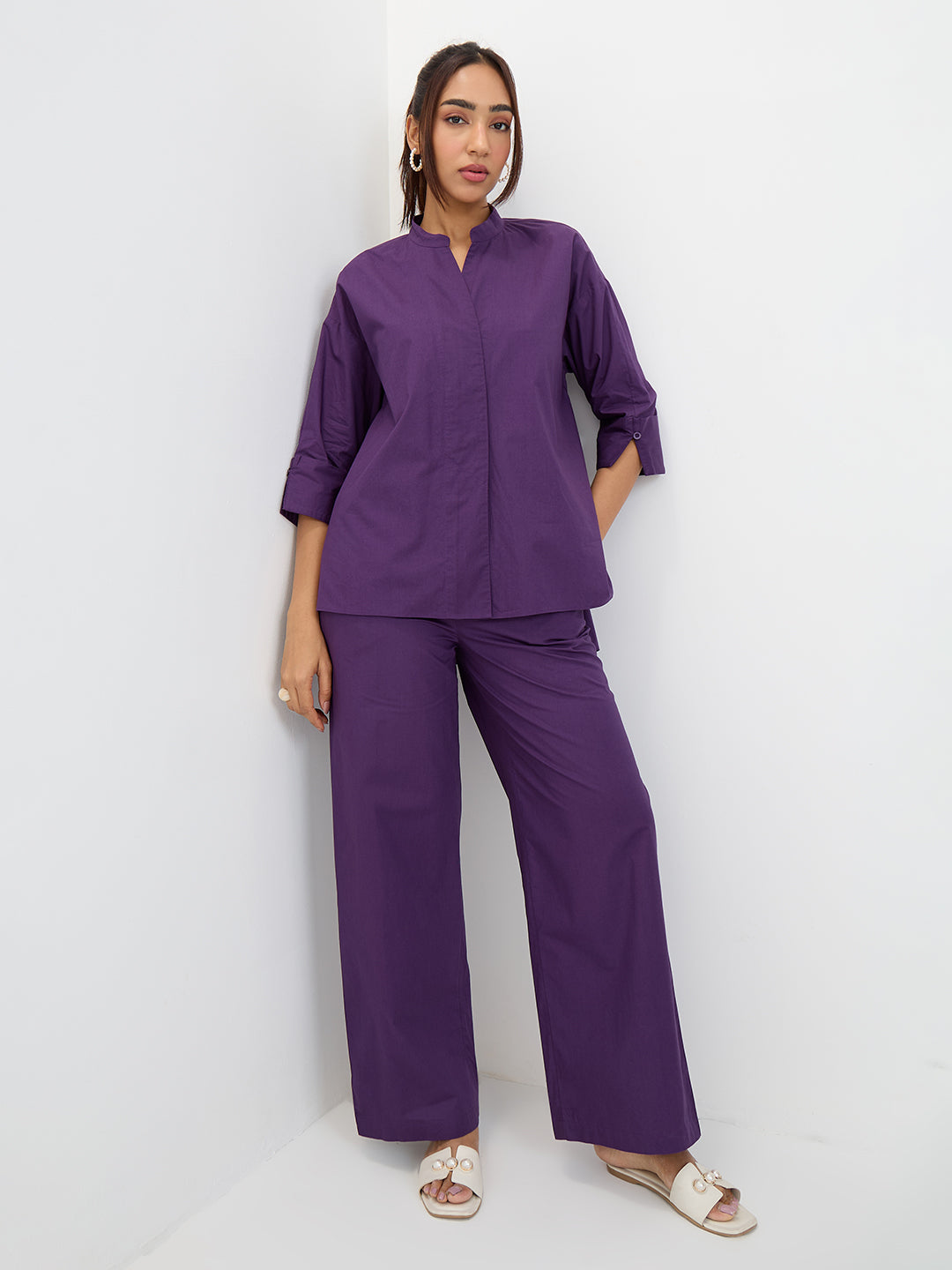 Deep Purple Poplin Longline Shirt And Pants Co-Ord