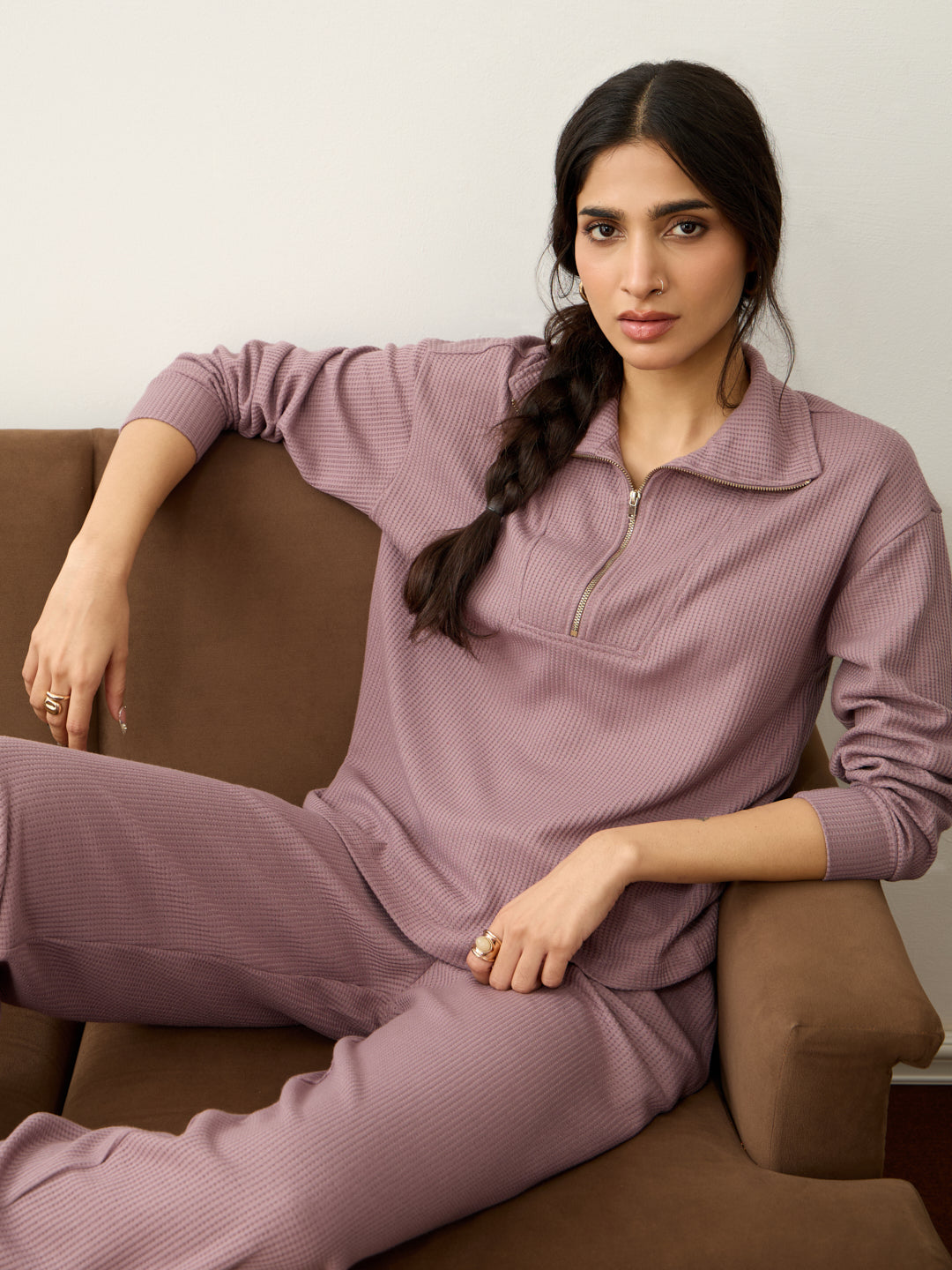 Mauve Waffle Zip Yoke Detail Co-Ord Set