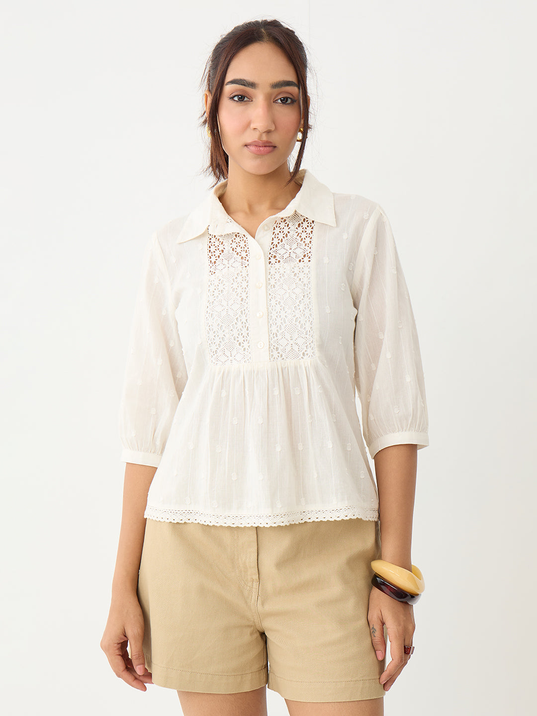 Off-White Lace Insert Cotton Dobby Top