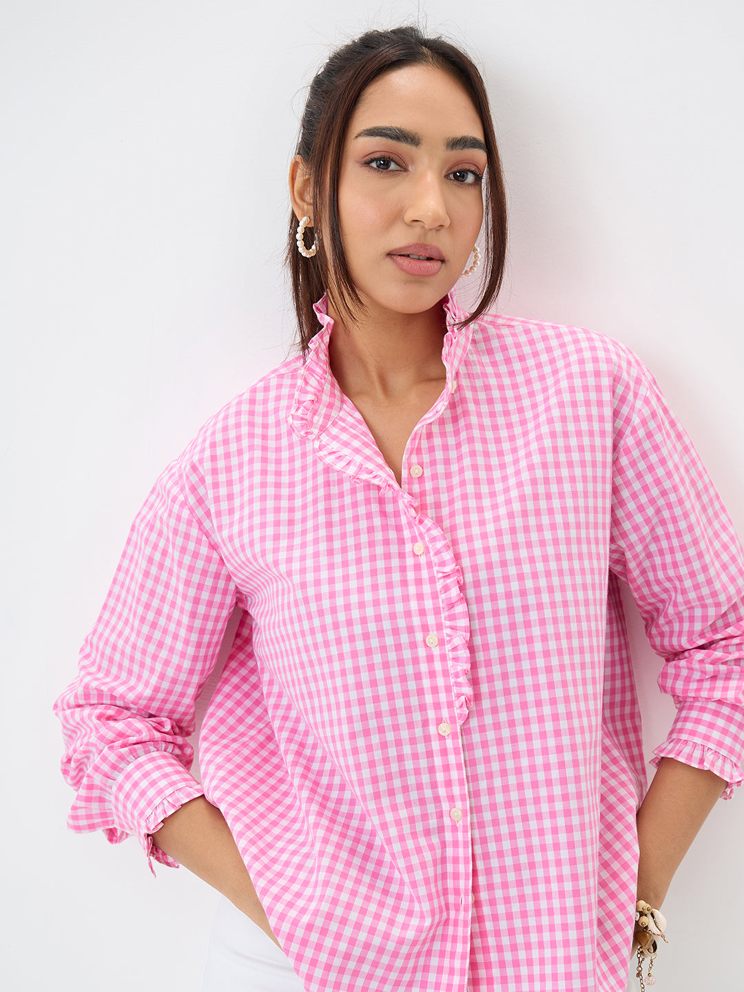 Pink Gingham Frill Detail Shirt