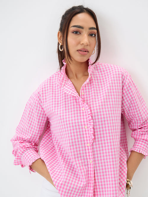 Pink Gingham Frill Detail Shirt