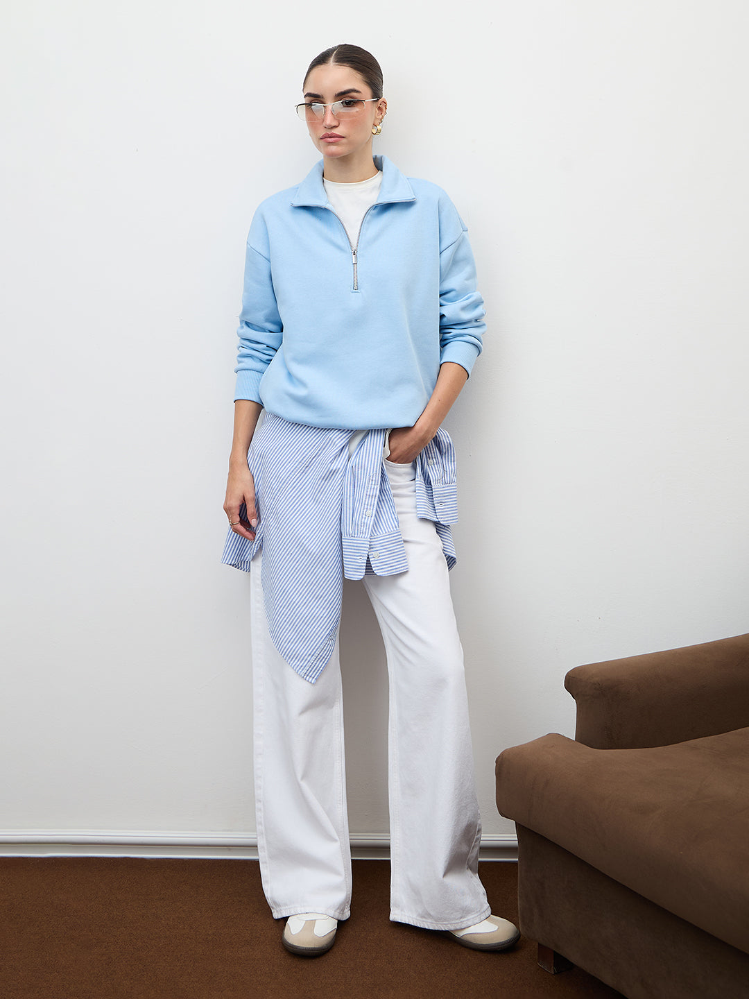 Icy Blue Half Zipper Fleece Crop Sweatshirt