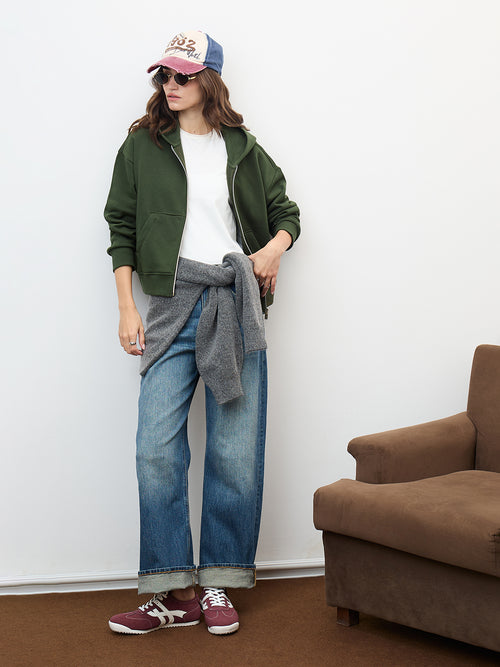 Olive Zip-Up Fleece Crop Hoodie
