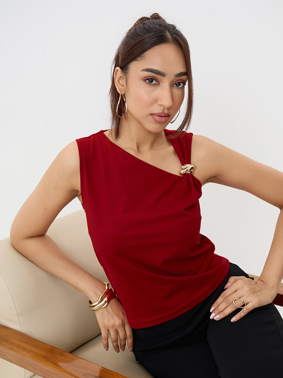 TrueStretch Red Asymmetric Neck Top